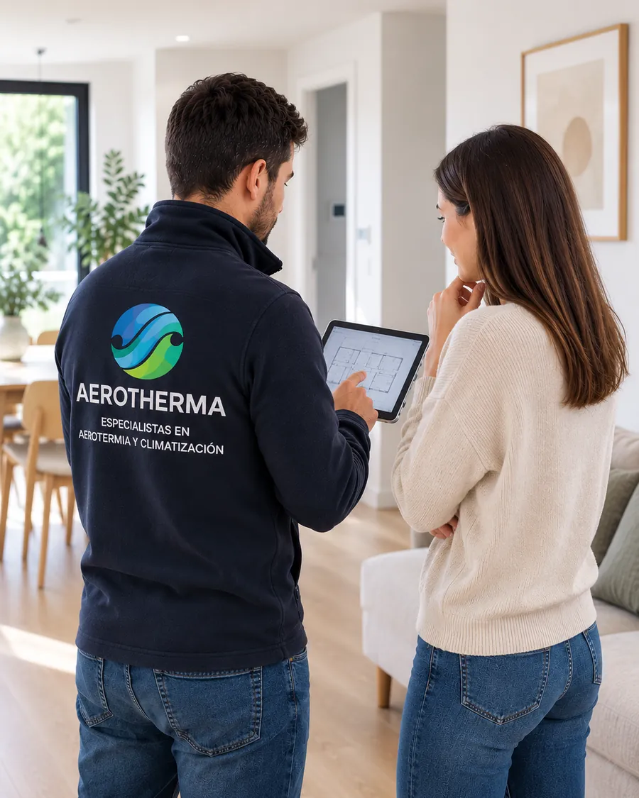 Técnico de AEROTHERMA tomando datos en la visita técnica de una vivienda